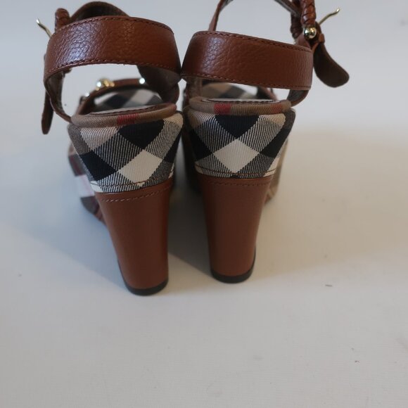 Authentic Burberry Brown Leather Nova Check Plaid Platform Wedge Heel 37 US/7 - Picture 10 of 13